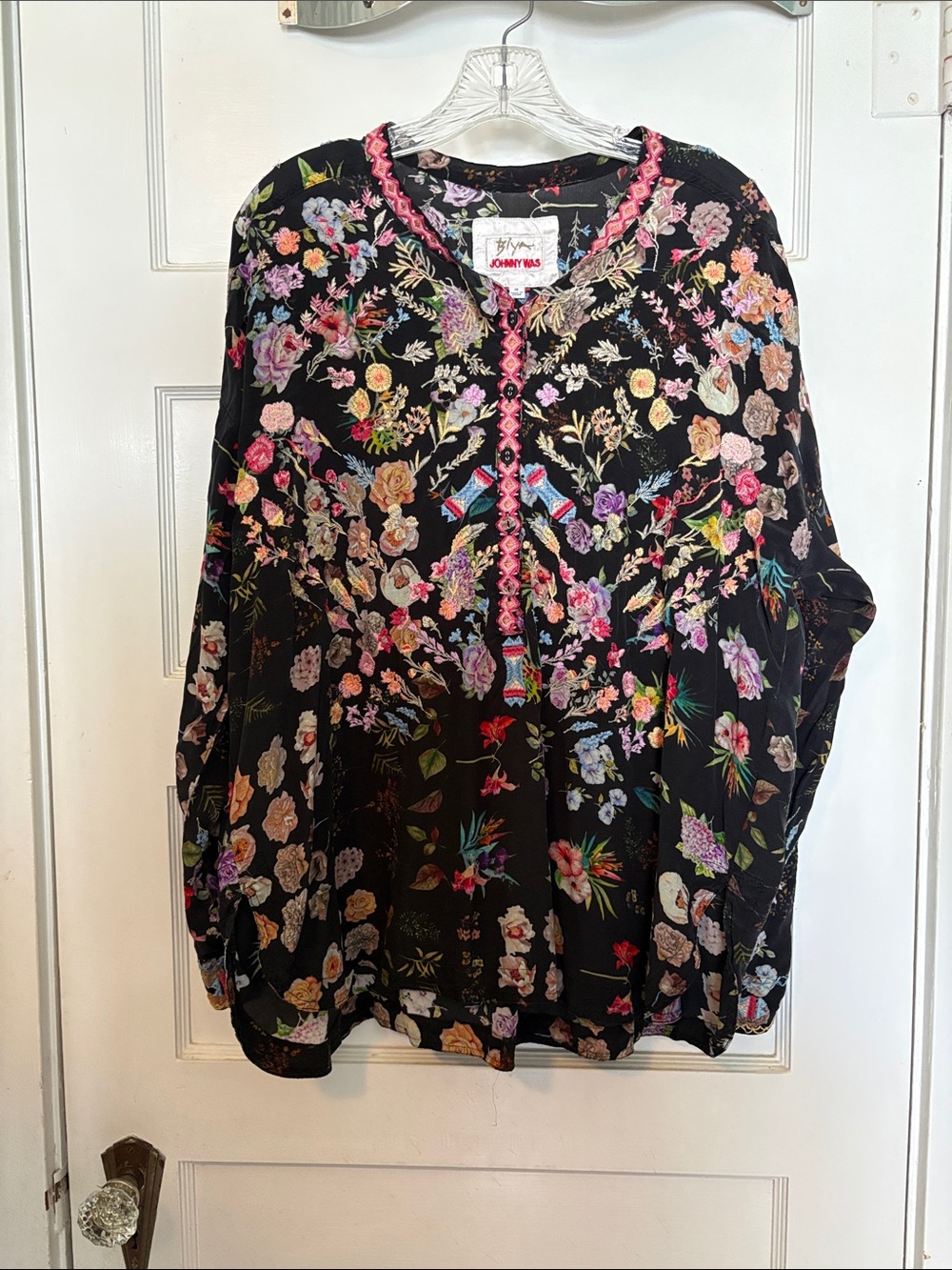 Johnny Was Black Floral Embroidered Silk Henley Blouse with Pink Trim Size M